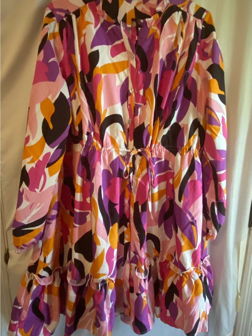 Jodifl Abstract Print Button Front Tiered Mini Dress Small Pink Orange